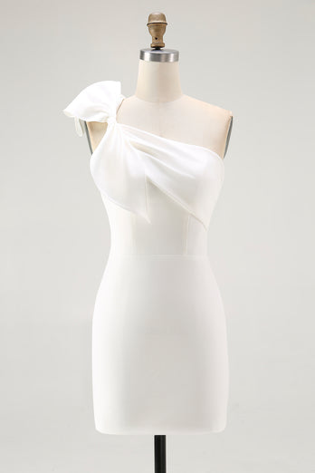 White Sheath Satin One Shoulder Graduation Dress with Bow