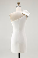 Load image into Gallery viewer, White Satin Sheath One Shoulder Short Graduation Dress with Bow