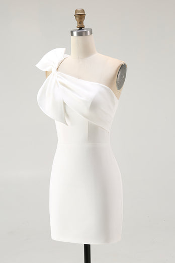 White Satin Sheath One Shoulder Short Graduation Dress with Bow