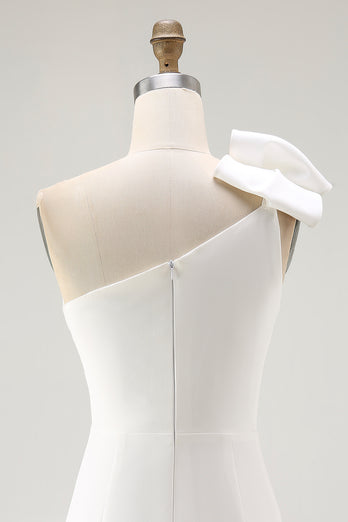 White Satin Sheath One Shoulder Short Graduation Dress with Bow
