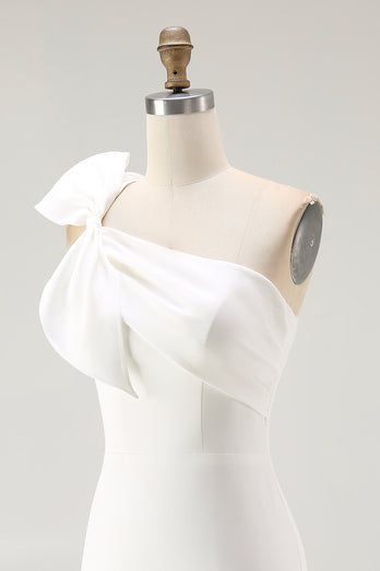 White Satin Sheath One Shoulder Short Graduation Dress with Bow