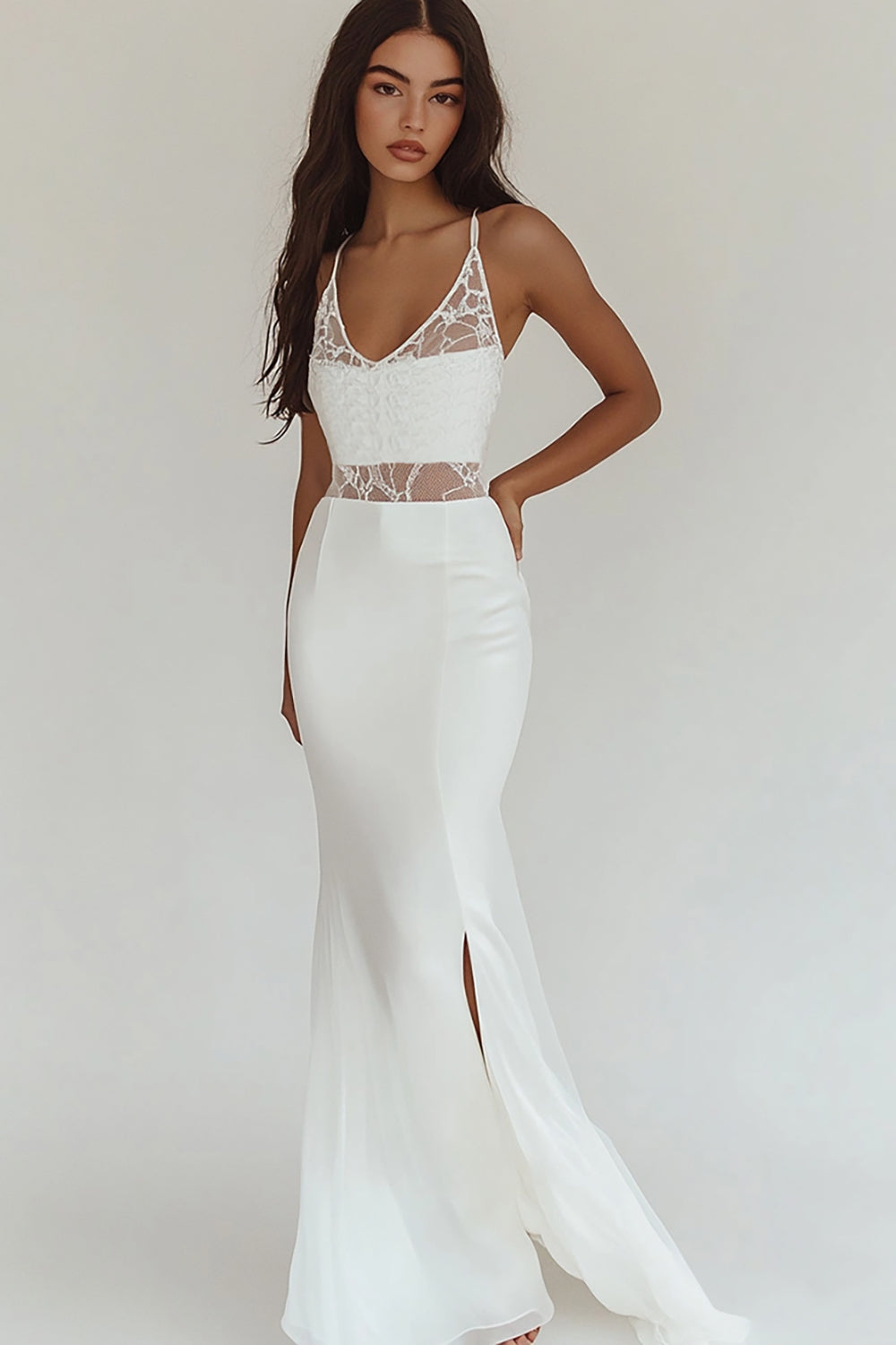 White Mermaid Satin V-Neck Rehearsal Dinner Dress with Slit
