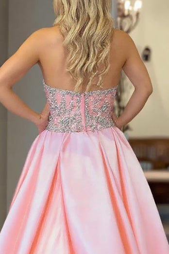 Pink A Line Satin Sweetheart Long Prom Dress with Bow