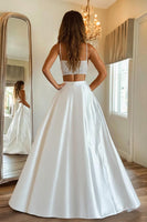 Load image into Gallery viewer, White Two-Piece Satin Long Prom Dress with Slit