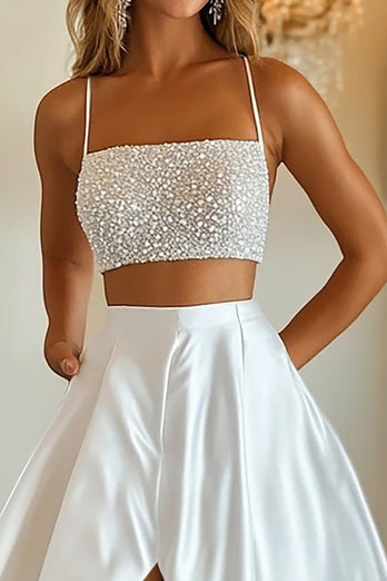 White Two-Piece Satin Long Prom Dress with Slit