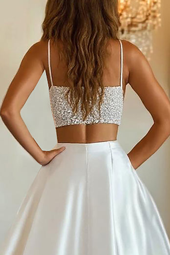 White Two-Piece Satin Long Prom Dress with Slit