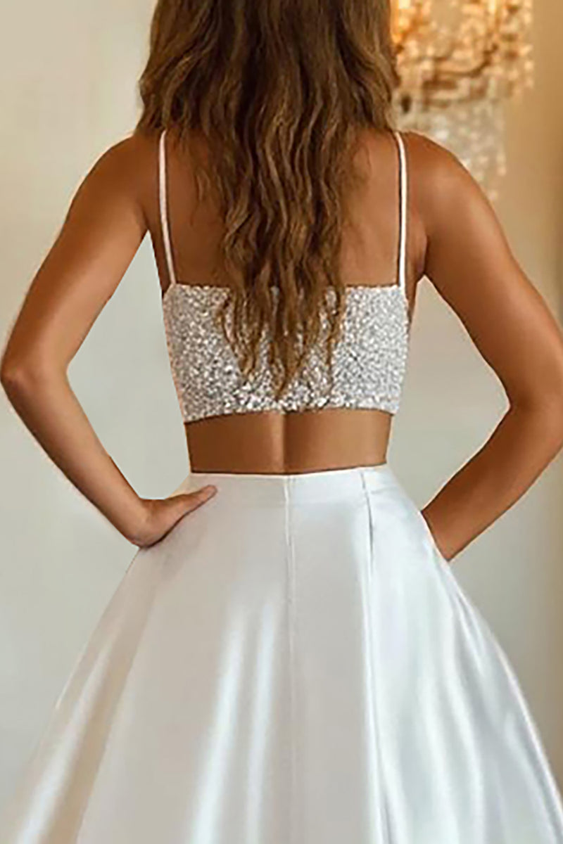 Load image into Gallery viewer, White Two-Piece Satin Long Prom Dress with Slit