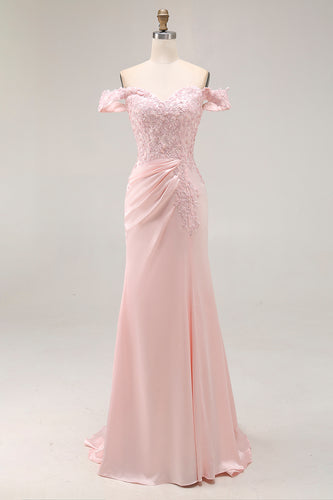 Pink A Line Off the Shoulder Satin Long Prom Dress with Appliques