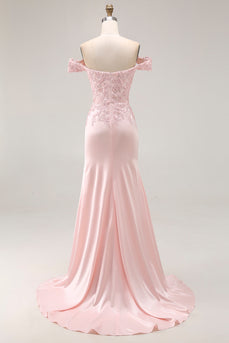 Pink A Line Off the Shoulder Satin Long Prom Dress with Appliques