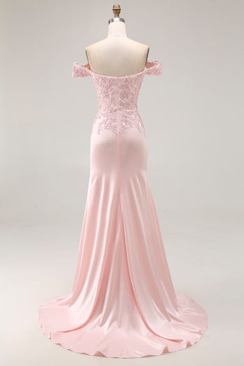 Pink A Line Off the Shoulder Satin Long Prom Dress with Appliques