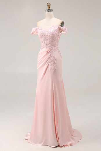 Pink A Line Off the Shoulder Satin Long Prom Dress with Appliques