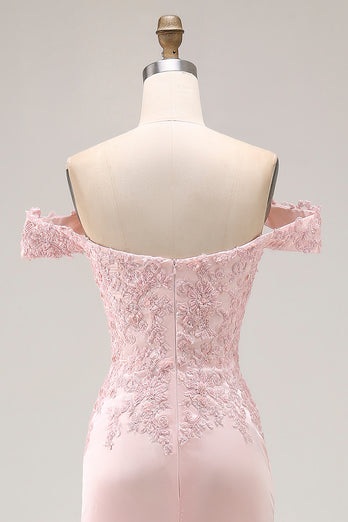 Pink A Line Off the Shoulder Satin Long Prom Dress with Appliques