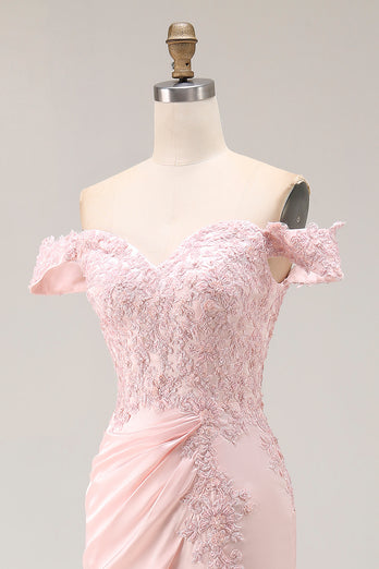 Pink A Line Off the Shoulder Satin Long Prom Dress with Appliques