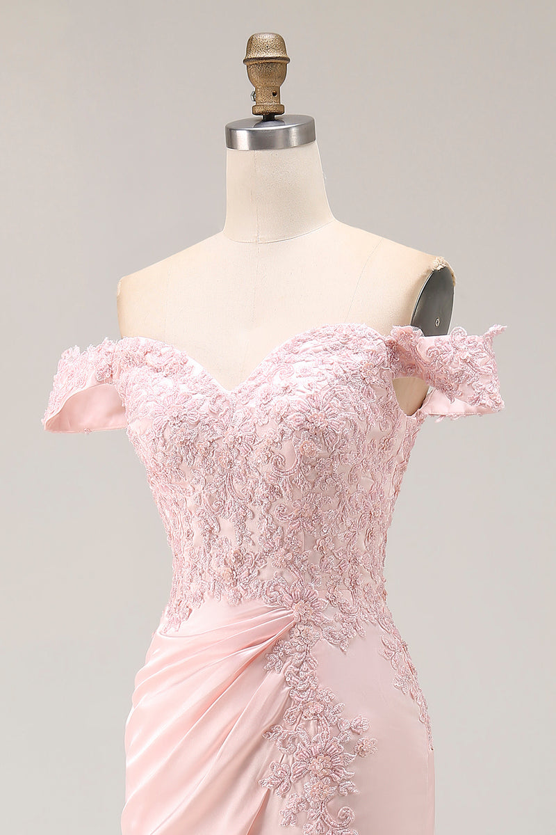 Load image into Gallery viewer, Pink A Line Off the Shoulder Satin Long Prom Dress with Appliques