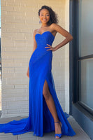 Load image into Gallery viewer, Royal Blue Sheath Chiffon Sweetheart Long Prom Dress with Slit