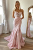 Load image into Gallery viewer, Pink Mermaid Satin Strapless Long Prom Dress with Lace Appliques