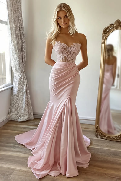 Queendancer Women Pink Satin Long Prom Dress with Lace Mermaid Appliqued Pleated Ruched Strapless Sweetheart Formal Dress