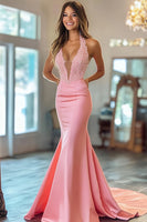Load image into Gallery viewer, Pink Mermaid Satin V-Neck Long Prom Dress with Lace Appliques