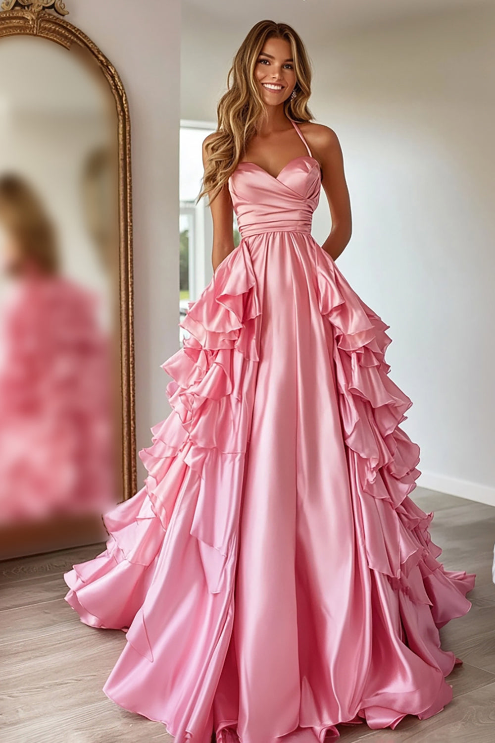 Pink Satin A Line Sweetheart Long Prom Dress with Ruffles