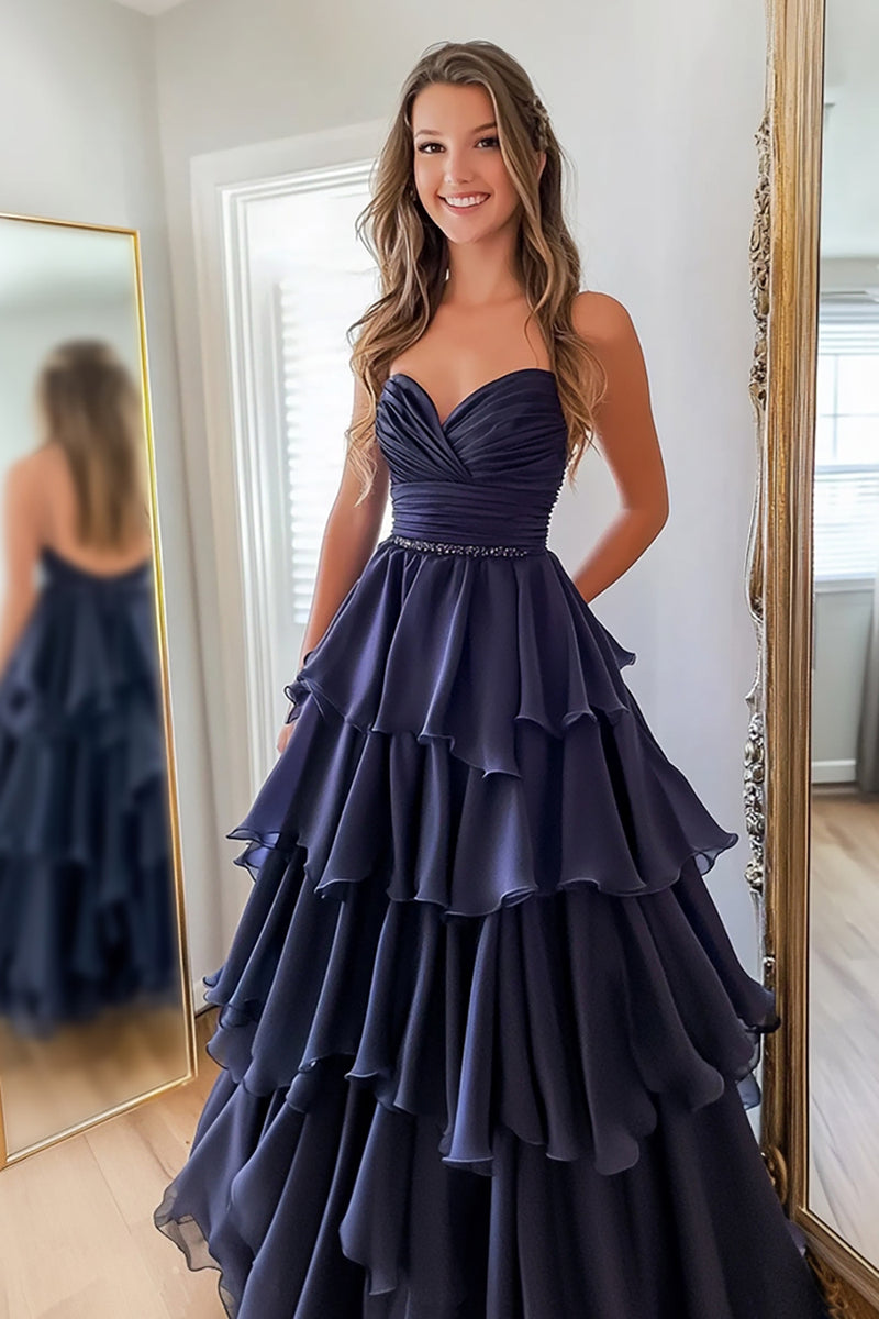 Load image into Gallery viewer, Navy Chiffon A Line Sweetheart Tiered Long Prom Dress
