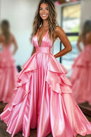 Load image into Gallery viewer, Pink Satin A Line V-Neck Long Prom Dress with Ruffles