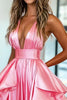 Load image into Gallery viewer, Pink Satin A Line V-Neck Long Prom Dress with Ruffles