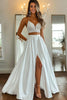 Load image into Gallery viewer, White Two-Piece Satin V-Neck Long Prom Dress with Slit