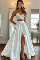Load image into Gallery viewer, White Two-Piece Satin V-Neck Long Prom Dress with Slit