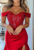 Load image into Gallery viewer, Red Satin Mermaid Off the Shoulder Long Prom Dress with Slit