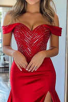 Load image into Gallery viewer, Red Satin Mermaid Off the Shoulder Long Prom Dress with Slit
