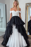 Load image into Gallery viewer, White&amp;Black Ball Gown Chiffon Long Prom Dress with Ruffles