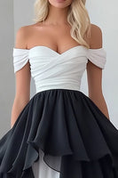 Load image into Gallery viewer, White&amp;Black Ball Gown Chiffon Long Prom Dress with Ruffles