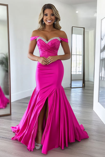 Queendancer Women Fuchsia Satin Long Prom Dress with Slit Mermaid Off the Shoulder Pleated Formal Dress