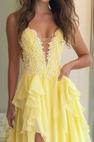 Load image into Gallery viewer, Daffodil Chiffon A Line Ruffled Long Prom Dress with Slit