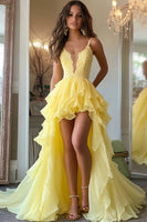 Load image into Gallery viewer, Daffodil High-Low Chiffon Ruffled Long Prom Dress with Appliques