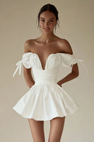 Load image into Gallery viewer, Off the Shoulder Ruched A Line Pleated Little White Dress
