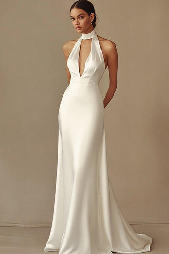 White Sheath Satin Keyhole Long Rehearsal Dinner Dress