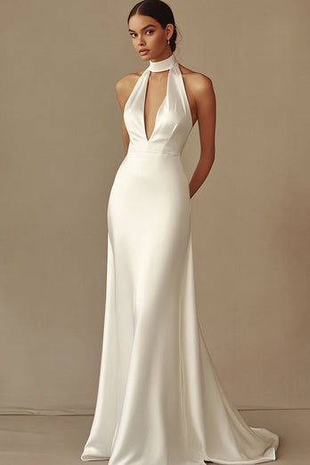 White Sheath Satin Keyhole Long Rehearsal Dinner Dress