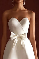 Load image into Gallery viewer, Satin A Line Strapless Sweetheart Little White Dress with Bow