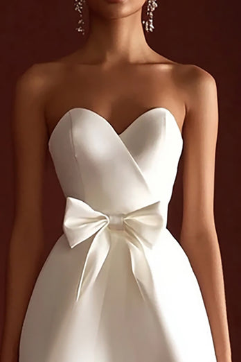 Satin A Line Strapless Sweetheart Little White Dress with Bow