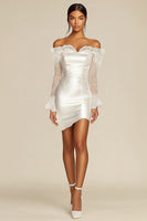 Load image into Gallery viewer, Satin Off the Shoulder Sheath Little White Dress with Lace Sleeves
