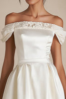 Load image into Gallery viewer, Satin Off the Shoulder A Line Little White Dress