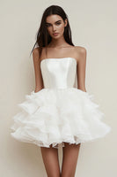 Load image into Gallery viewer, Satin Tiered Strapless A Line Little White Dress