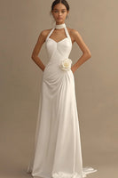Load image into Gallery viewer, White A Line Chiffon Ruched Long Rehearsal Dinner Dress with 3D Flower