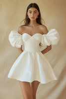 Load image into Gallery viewer, Satin A Line Off the Shoulder Little White Dress with Ruffles