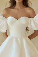 Load image into Gallery viewer, Satin A Line Off the Shoulder Little White Dress with Ruffles