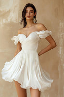 Load image into Gallery viewer, Queendancer Women Chiffon Short Bridal Shower Dress with Ruffles A Line Off the Shoulder Sweetheart Pleated Little White Dress