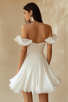 Chiffon Pleated A Line Off the Shoulder Little White Dress with Ruffles