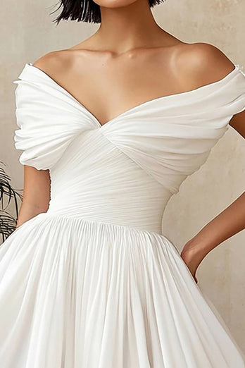 Chiffon Pleated A Line Little White Dress with Ruffles