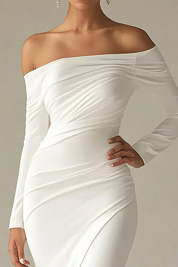 White Chiffon Off the Shoulder Sheath Long Rehearsal Dinner Dress with Sleeves